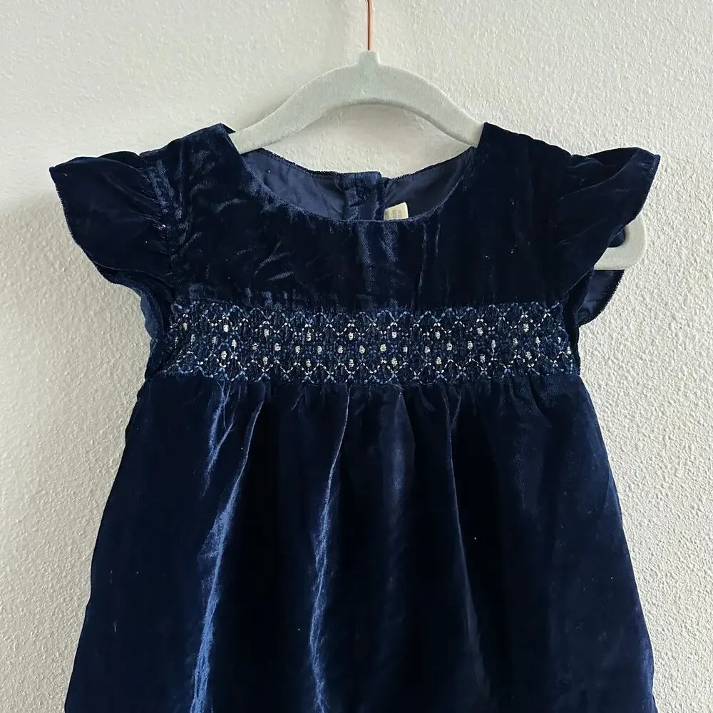 JoJo Maman Bebe Girls 18-24M Blue Velvet Smocked Dress